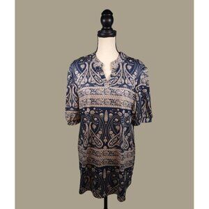 St. Jubileen Woven Cream Paisley Print on a Navy Background Blouse Size XXL NWT